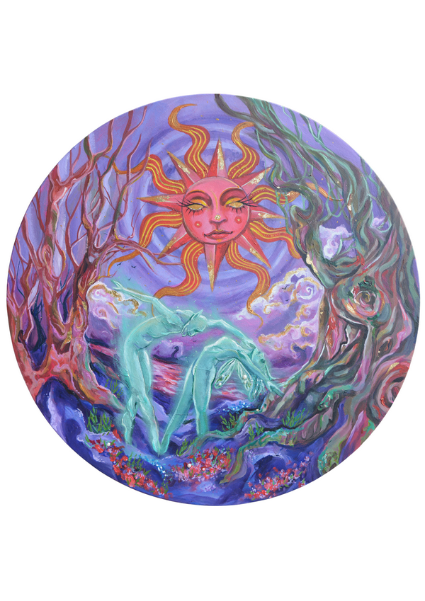 This work draws inspiration from fantasy literature, where imagined worlds become a lens for exploring timeless themes of connection and renewal. Loizou’s long-standing love of colour comes to the forefront, infusing the composition with a sense of enchantment and vitality. The figures, treated in a more dimensional and otherworldly way, embody love, movement, and fluid energy—dancing through a luminous space that feels both intimate and expansive.