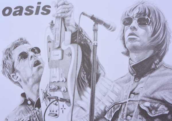 A graphite portrait celebrating Oasis, the band whose raw energy and lyrical swagger defined the sound of a decade. From small clubs in Manchester to sold-out stadiums, they delivered era-shaping anthems that spoke to everyday life, rebellion, and dreams — leaving an unmistakable mark on British music history.