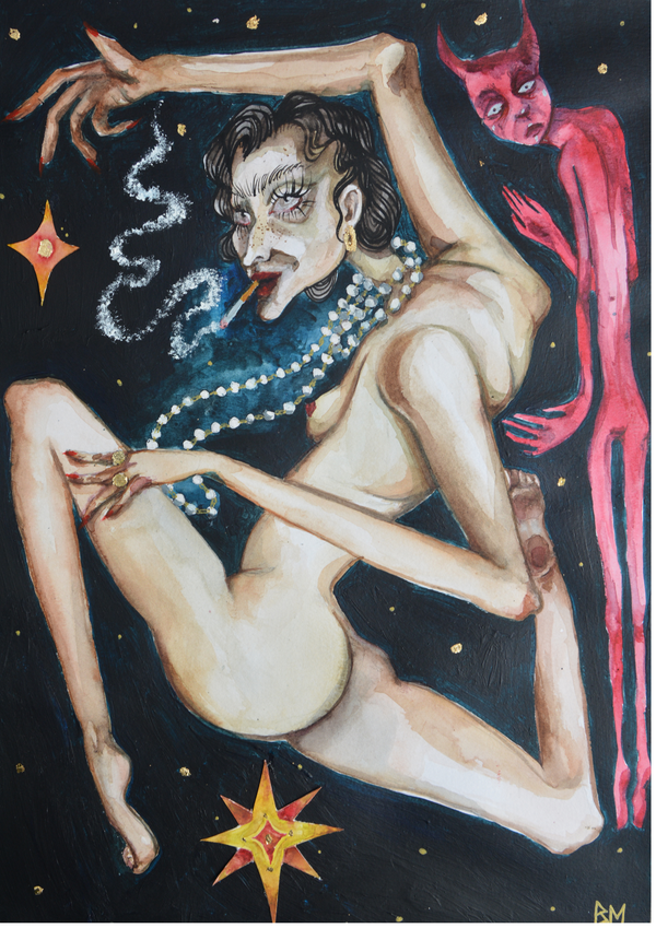 In this work, Loizou continues her exploration of distorted, contorted figures, experimenting with different styles and mediums to expand her visual language. She finds beauty in the unconventional—embracing the strange, the awkward, and the imperfect. Whether through painting or figurative form, her practice celebrates imperfection as an essential part of what makes something truly compelling. The figure in Pearls twists into an almost impossible form, adorned with strands of luminous beads and framed by stars. A red demon lingers just behind, its gaze fixed upon her with an unsettling presence. Rather than a straightforward menace, the demon becomes ambiguous—offering a sense of temptation, judgment, or perhaps protection. Its watchful eyes amplify the tension between beauty and distortion, glamour and decay, vulnerability and power.