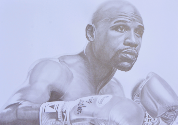 A graphite portrait portraying Floyd Mayweather, the undefeated champion whose precision, defensive mastery, and tactical brilliance redefined modern boxing. Rising from a fighting family in Grand Rapids to global acclaim, he built a flawless record through speed, discipline, and strategy — a career that secured his place among the sport’s all-time greats.