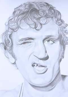 Dean Coldham’s graphite portrait of Joe Bugner captures the heavyweight’s personality beyond the ring. With a playful, off-guard expression and finely rendered curls, the piece softens the formidable fighter’s public image, revealing charisma and character beneath strength. Subtle shading and delicate tonal transitions give the portrait warmth, balancing toughness with humanity.