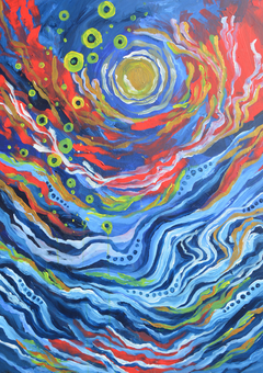 Inspired in part by the song Desire Lines by Lush, this piece explores the sensation of emotional drowning—an overwhelming stillness beneath the surface, looking up toward the sky through water. Loizou captures the strange serenity in that in-between space, where light bends and time seems to slow. The title carries layered meaning. In geography, “desire lines” refer to the unofficial paths people carve through landscapes—routes of instinct, chosen over design. Loizou uses this as a metaphor for the emotional pathways we take, particularly those led by longing, habit, or unresolved connection. These invisible tracks—formed through repetition—reflect the quiet persistence of desire, even when it leads us to difficult places. The influence of Lush’s shoegaze atmosphere is present in the painting’s dreamlike quality—fluid, refracted, and ambiguous. There’s no clear direction, only the sense of being suspended between clarity and collapse. Loizou captures that emotional in-between space—where the subconscious drifts, weightless, chasing light that always seems just out of reach. Desire Lines invites viewers to reflect on the paths they’ve taken, the ones they’ve resisted, and the beauty found in moments of surrender.