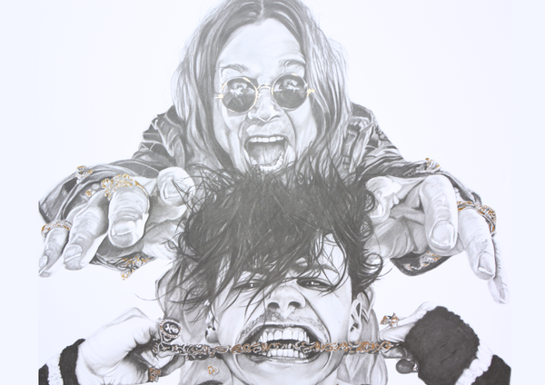 In this striking graphite portrait, Dean Coldham captures a raw and electrifying exchange between rock legend Ozzy Osbourne and genre-defying provocateur YUNGBLUD. Rendered in meticulous monochrome detail with subtle gold embellishments, the composition pulses with theatrical intensity. Ozzy looms above, mouth open in a feral scream, fingers outstretched in a gesture that feels both commanding and celebratory. Below, YUNGBLUD bites down on a chain, his expression defiant and charged with youthful rebellion. The interplay of textures—flowing hair, gleaming metal, weathered skin—heightens the drama, while the restrained palette amplifies the emotional force. Coldham’s use of graphite creates a timeless quality, bridging generations of rock attitude in a single explosive moment. This piece is a powerful visual dialogue between legacy and evolution—darkness meeting disruption, icon meeting insurgent.