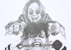 In this striking graphite portrait, Dean Coldham captures a raw and electrifying exchange between rock legend Ozzy Osbourne and genre-defying provocateur YUNGBLUD.  Rendered in meticulous monochrome detail with subtle gold embellishments, the composition pulses with theatrical intensity. Ozzy looms above, mouth open in a feral scream, fingers outstretched in a gesture that feels both commanding and celebratory. Below, YUNGBLUD bites down on a chain, his expression defiant and charged with youthful rebellion.  The interplay of textures—flowing hair, gleaming metal, weathered skin—heightens the drama, while the restrained palette amplifies the emotional force. Coldham’s use of graphite creates a timeless quality, bridging generations of rock attitude in a single explosive moment.  This piece is a powerful visual dialogue between legacy and evolution—darkness meeting disruption, icon meeting insurgent.