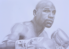 A graphite portrait portraying Floyd Mayweather, the undefeated champion whose precision, defensive mastery, and tactical brilliance redefined modern boxing. Rising from a fighting family in Grand Rapids to global acclaim, he built a flawless record through speed, discipline, and strategy — a career that secured his place among the sport’s all-time greats.