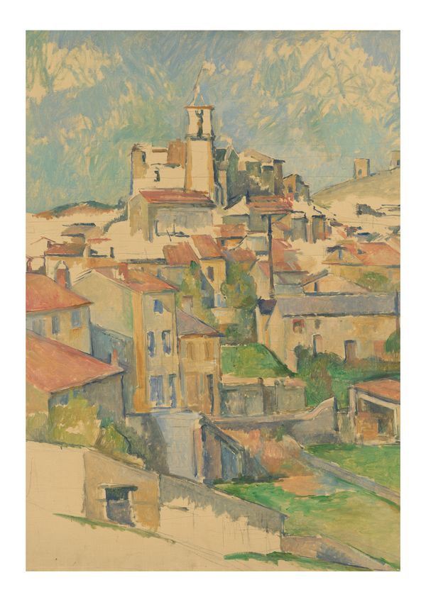 In Gardanne, Paul Cézanne presents the Provençal town as a carefully constructed landscape of interlocking planes and muted colour. Houses are stacked and simplified into geometric forms, their terracotta roofs and pale walls rising rhythmically toward the church tower at the centre. The surrounding greenery is rendered with the same structural intent, blurring the line between architecture and nature. Painted in oil on canvas around 1885–1886, this work exemplifies Cézanne’s revolutionary approach to landscape painting—less concerned with fleeting light and more focused on form, balance, and permanence. The result is a quietly powerful composition that bridges Impressionism and the foundations of modern art, making Gardanne a timeless and intellectually rich piece for any art collection.