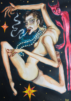 In this work, Loizou continues her exploration of distorted, contorted figures, experimenting with different styles and mediums to expand her visual language. She finds beauty in the unconventional—embracing the strange, the awkward, and the imperfect. Whether through painting or figurative form, her practice celebrates imperfection as an essential part of what makes something truly compelling.   The figure in Pearls twists into an almost impossible form, adorned with strands of luminous beads and framed by stars. A red demon lingers just behind, its gaze fixed upon her with an unsettling presence. Rather than a straightforward menace, the demon becomes ambiguous—offering a sense of temptation, judgment, or perhaps protection. Its watchful eyes amplify the tension between beauty and distortion, glamour and decay, vulnerability and power.