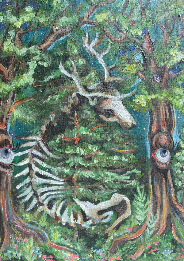This work intertwines decay and renewal, presenting the skeletal remains of a deer merging seamlessly with the surrounding woodland. The watchful eyes embedded in the trees transform the forest into a living presence, both guardian and witness to the endless cycle of life and death. Loizou draws attention to nature’s duality—its eerie stillness and its quiet vibrancy—inviting viewers to reflect on the inevitability of transformation and the hidden consciousness within the natural world.