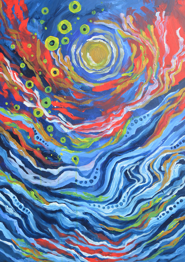 Inspired in part by the song Desire Lines by Lush, this piece explores the sensation of emotional drowning—an overwhelming stillness beneath the surface, looking up toward the sky through water. Loizou captures the strange serenity in that in-between space, where light bends and time seems to slow. The title carries layered meaning. In geography, “desire lines” refer to the unofficial paths people carve through landscapes—routes of instinct, chosen over design. Loizou uses this as a metaphor for the emotional pathways we take, particularly those led by longing, habit, or unresolved connection. These invisible tracks—formed through repetition—reflect the quiet persistence of desire, even when it leads us to difficult places. The influence of Lush’s shoegaze atmosphere is present in the painting’s dreamlike quality—fluid, refracted, and ambiguous. There’s no clear direction, only the sense of being suspended between clarity and collapse. Loizou captures that emotional in-between space—where the subconscious drifts, weightless, chasing light that always seems just out of reach. Desire Lines invites viewers to reflect on the paths they’ve taken, the ones they’ve resisted, and the beauty found in moments of surrender.