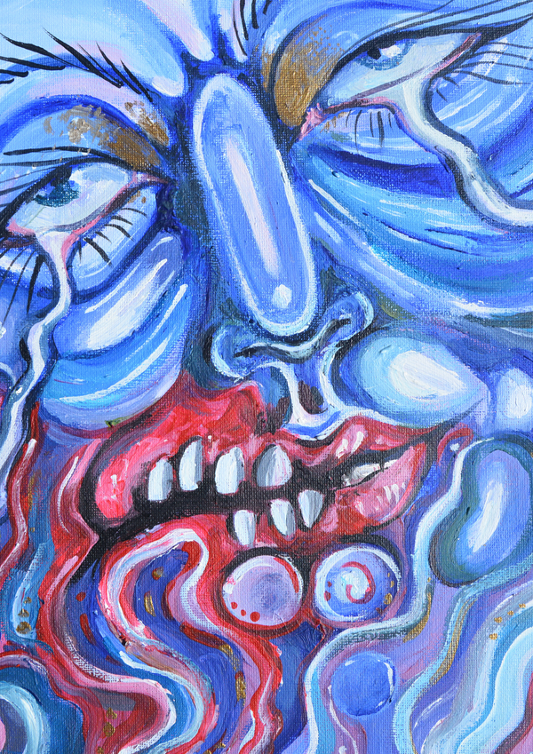 This work embodies a visceral exploration of insecurity and the fracturing of self and identity. The distorted face seems to tear apart from within, its jagged, bared teeth revealing something raw and unsettling—an element Loizou herself resists or finds uncomfortable. Swirling streams of colour amplify the sense of internal disintegration, blurring the line between beauty and disturbance. The result is a portrait of vulnerability laid bare, where the act of falling apart becomes both subject and surface.