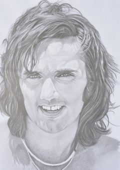 An outstanding graphite portrait celebrating George Best, the footballing icon renowned for his dazzling skill, effortless style, and magnetic personality. From humble beginnings in Belfast, he rose to glory with Manchester United, captivating fans worldwide and securing his place as one of the greatest players the game has ever seen.