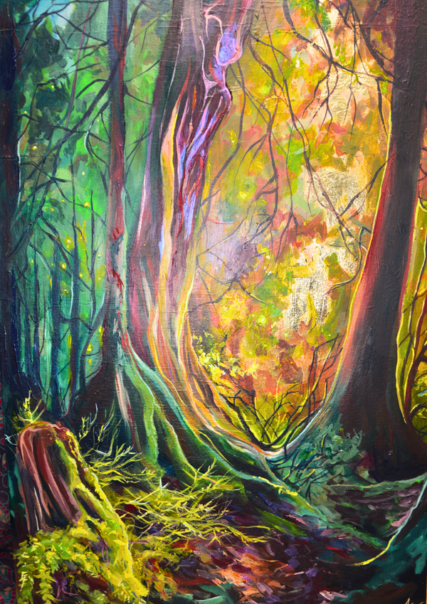 Whisperwood captures the quiet enchantment of the forest — a place where light breathes through the trees and every shadow feels alive. Rich layers of emerald, amber, and violet intertwine with glimmers of gold leaf, creating a sense of movement and mystery. The golden tones seem to whisper through the branches, transforming the woodland into something both grounded and otherworldly. A painting that invites contemplation — radiant, rooted, and alive with hidden magic.