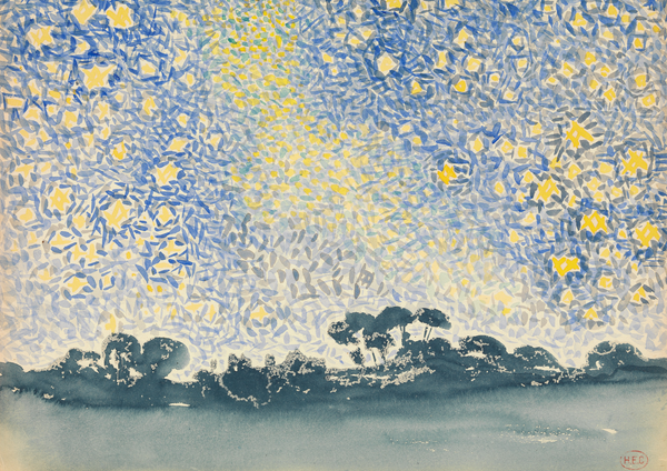 In Landscape with Stars, Henri-Edmond Cross transforms the natural world into a luminous, dreamlike vision. The scene is built from radiant points and patches of colour, with glowing stars suspended above a simplified landscape that feels both serene and otherworldly. The careful placement of complementary hues creates a shimmering surface that seems to vibrate with light. Painted in oil on canvas around 1906–1907, this work is a striking example of Cross’s mature Neo-Impressionist style. Moving beyond strict optical theory, he uses colour expressively rather than descriptively, anticipating later modern movements. Landscape with Stars is contemplative and poetic—a celebration of colour, atmosphere, and the quiet mystery of the night.