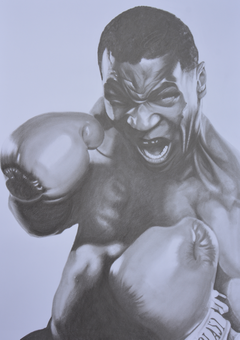 A powerful graphite portrait honouring Mike Tyson, one of boxing’s most formidable and controversial figures. From a turbulent childhood in Brooklyn, he rose to become the youngest heavyweight champion in history, electrifying the sport with his ferocious power, relentless speed, and intimidating presence. His legacy remains etched in boxing as a symbol of raw talent and uncompromising dominance.