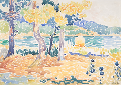 In Pines on the Coastline, Henri-Edmond Cross depicts the Mediterranean shore as a vibrant harmony of colour and light. Tall, stylised pine trees frame the scene, their forms broken into luminous strokes that contrast with the intense blues of the sea and sky. Rather than modelling depth through shadow, Cross constructs the landscape through carefully balanced colour relationships, giving the painting a radiant, almost musical quality.  Painted in oil on canvas around 1896–1897, this work marks an important moment in Cross’s development toward a more expressive Neo-Impressionist style. The bold palette and simplified forms move beyond strict pointillism, anticipating the freedom of later modern movements. Pines on the Coastline is both sun-drenched and contemplative—a celebration of the southern French landscape transformed through colour.